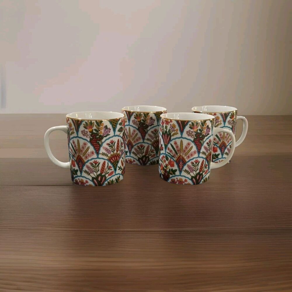 Vintage Smithsonian Institute Set Of 4 Mugs Floral Imari Pattern Japan 10 Oz.